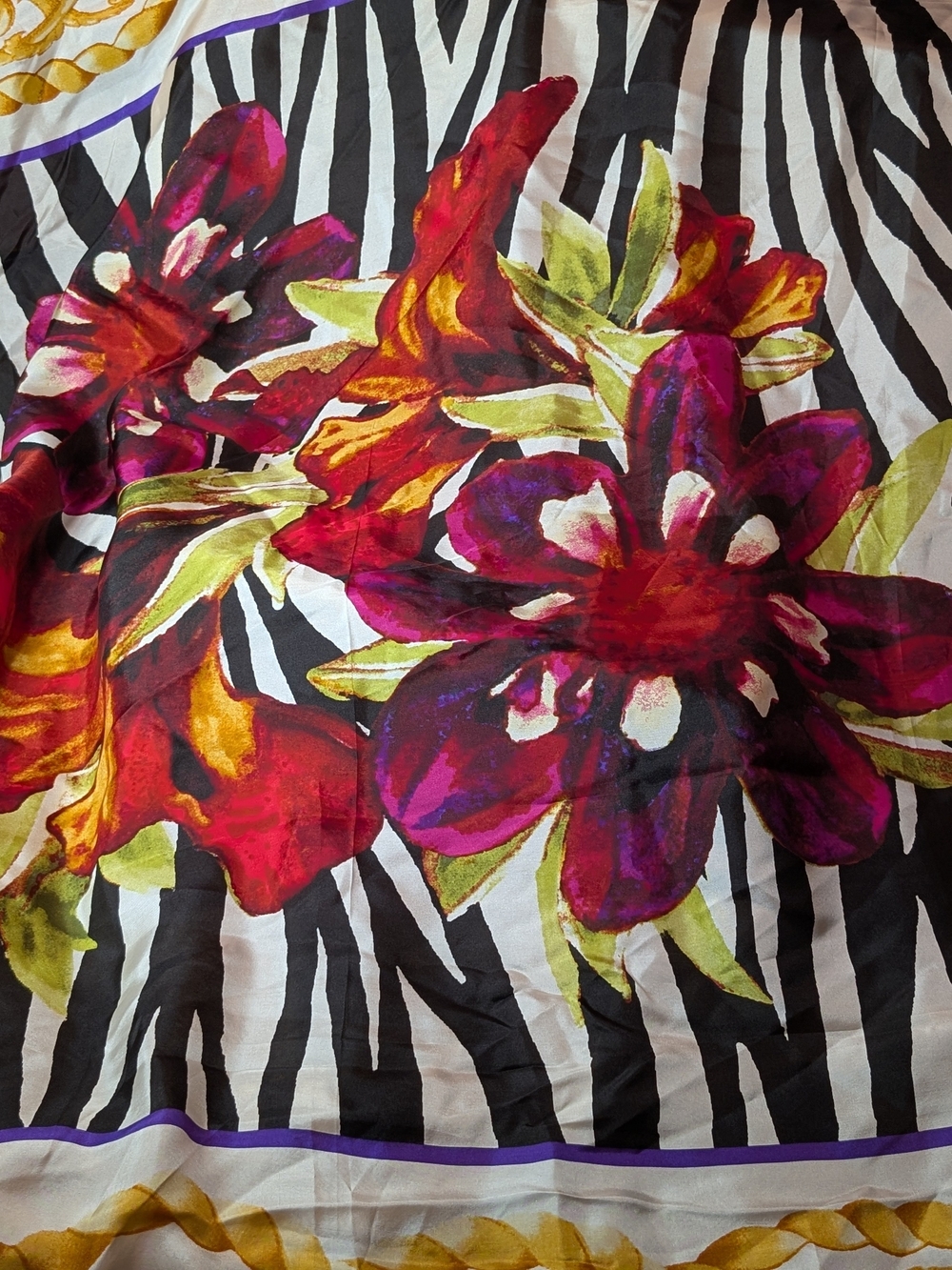 Chico's Floral & Zebra Border Scarf in Black, White, Red, Purple, Green